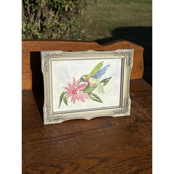 Other - Original Watercolor Print Humming Bird Flower Signed Claudia 2018 Botanical Pink